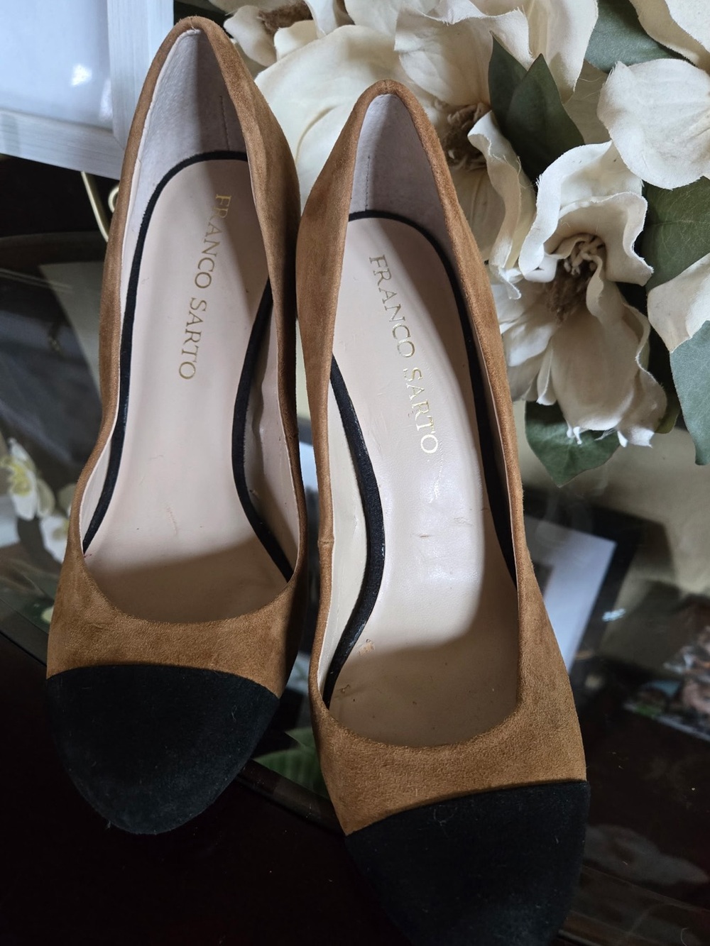 Franco Sarto Two-Tone Tan and Black Suede Cap-Toe Pumps